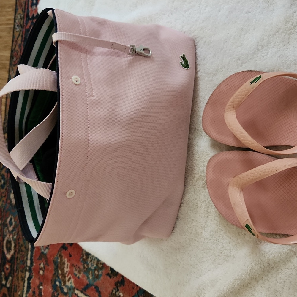 Pink Lacoste set. Bag tote purse and sandals flip flops